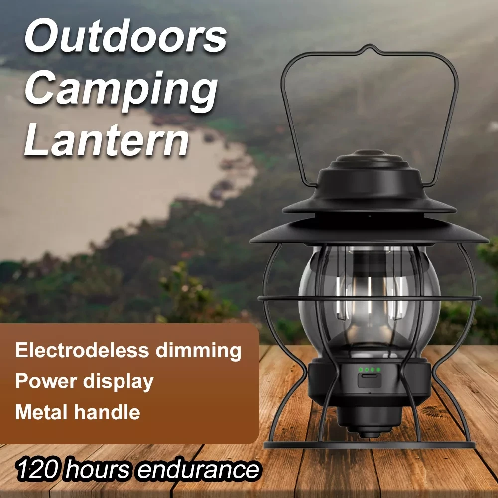 PINSAI LED Retro Camping Lantern,Rechargeable Metal Portable