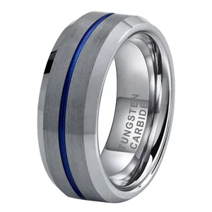 Coolstyle Jewelry 8mm Wholesale Center Line Beveled Blue Tungsten Wedding Band for Men Women Fashion Engagement Finger Rings