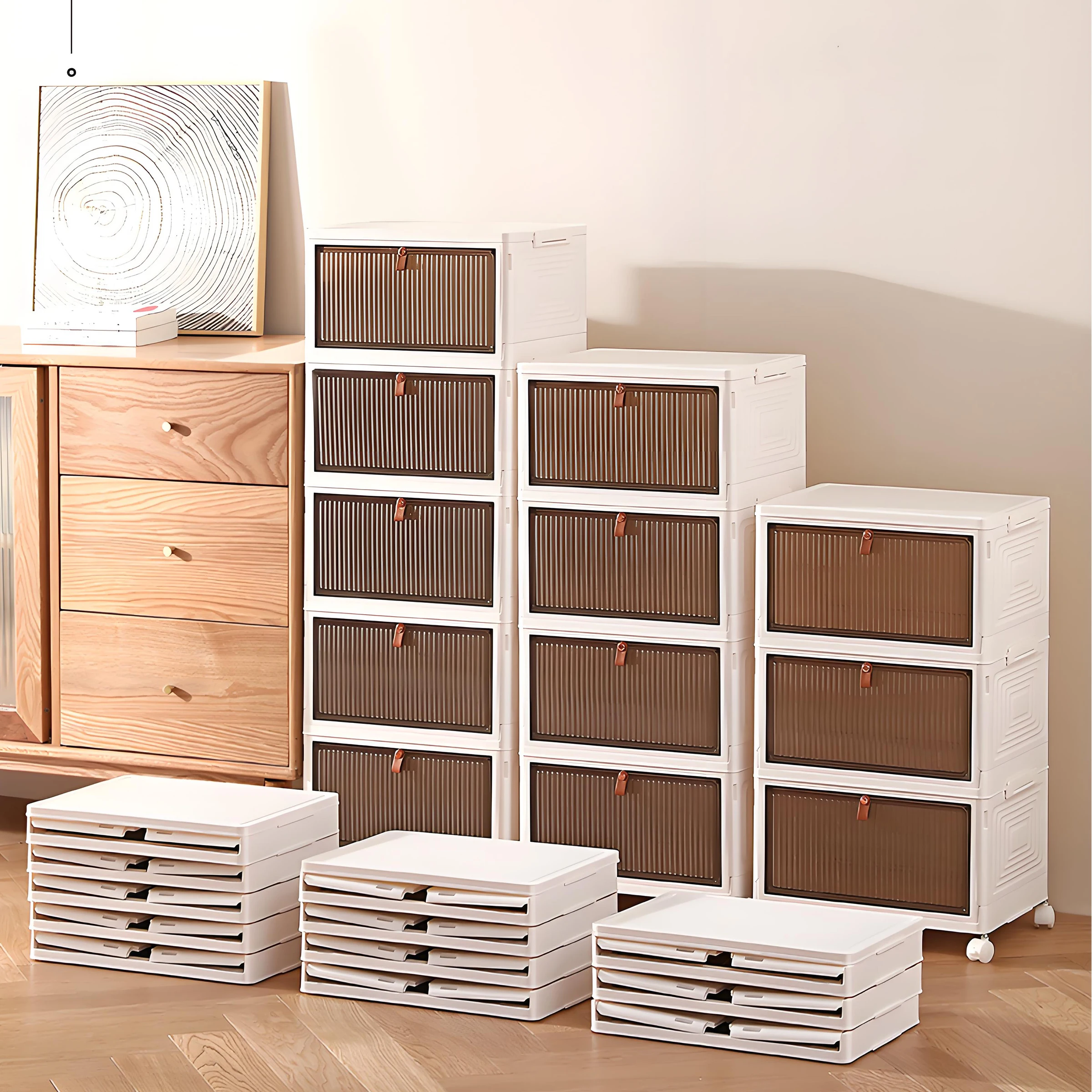 Collapsible Clothing Storage Bins with Lids Wheels Plastic Folding Stackable Closet Organizer Storage Box with Doors for Home