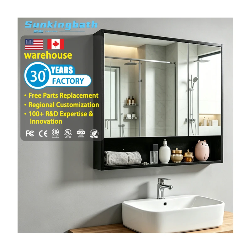 Aluminum Bathroom Cabinet Smart Mirror Wall Mounted Bathroom Cabinet Vanity Black Bathroom Cabinet with Glass Shelf for Hotel