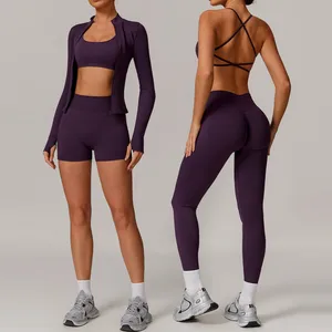 Custom LOGO GYM Sports Wear Workout Zipper Jacket Backless Bra Activewear Women Yoga Pants Leggings Set Shorts for Women Girl