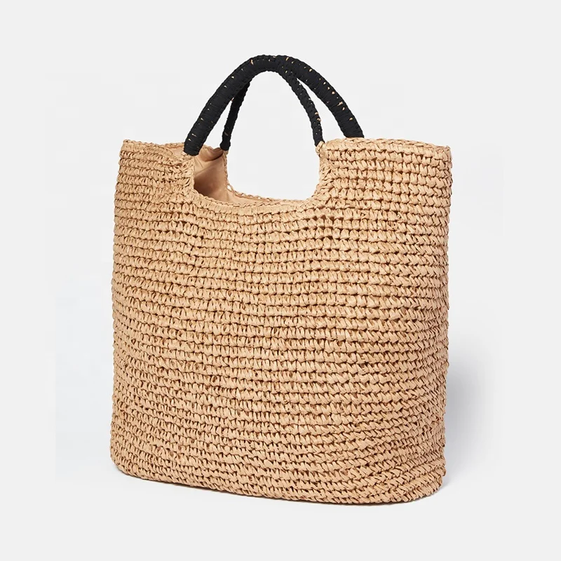 Bolso de mano grande de rafia de ganchillo hecho a mano nuevo al por mayor,  bolso de playa de verano con cremallera, bolsos de paja de papel de moda - Main Image