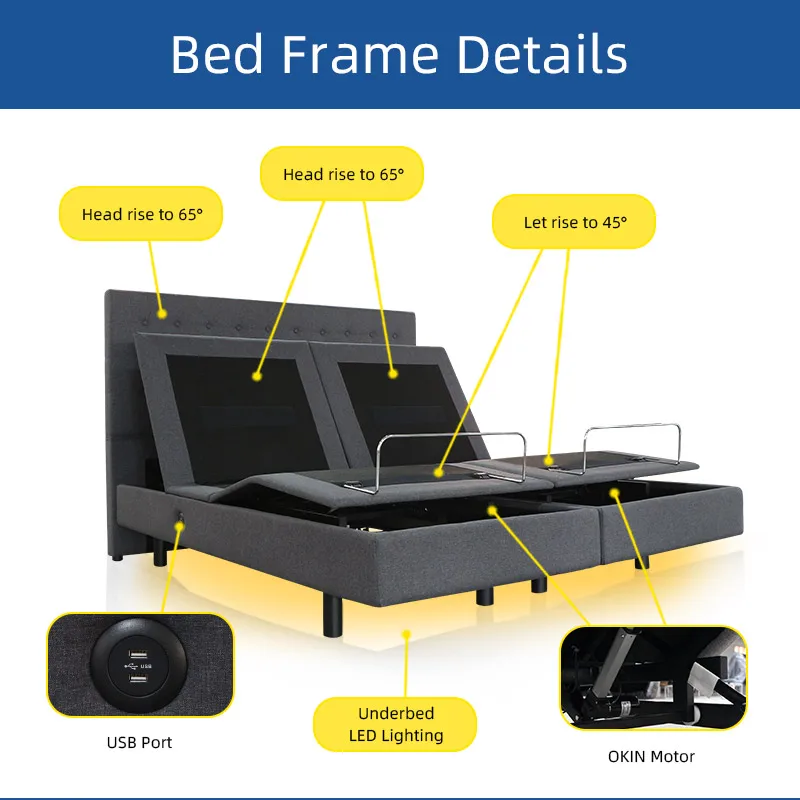 Folded  Frame With Head Board, Massage, Zero Gravity, USB Charging Split King Bed Adjustable Bed