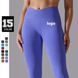 Wholesale Seamless Women's Crossed Waist Yoga Leggings Solid Color Peach Hip Breathable Quick Drying Tights Sports Fitness Pants
