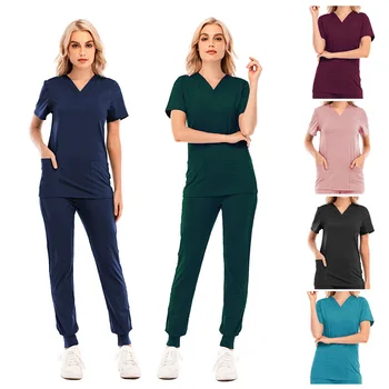 New 4 way stretch spandex stacked pants nurses hospital uniforms nursing scrubs suit uniforms jogger women scrub sets uniform
