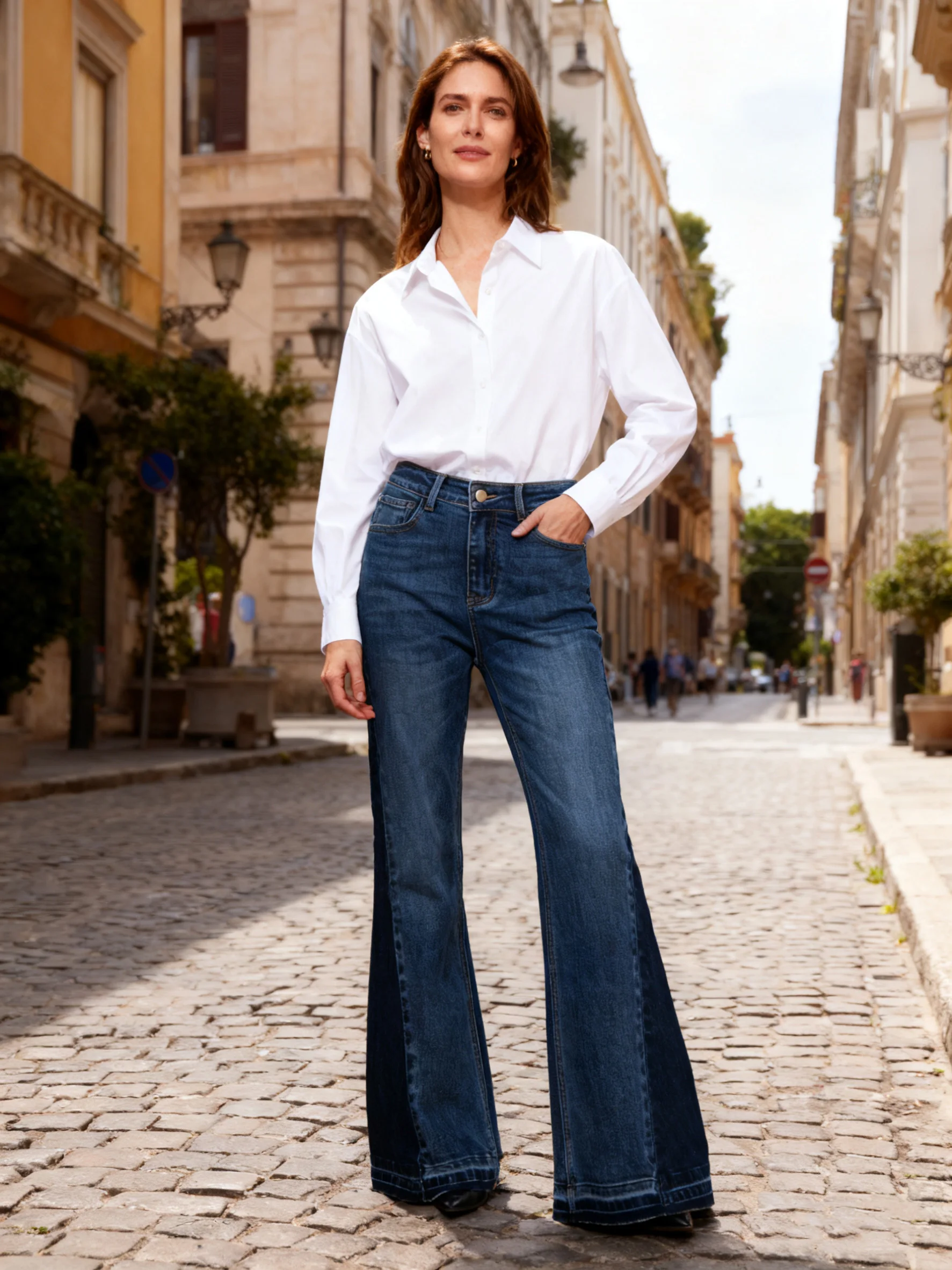 The New Cross-border Best-selling Women's Color-blocking Wide-leg Jeans and European  Retro Style Straight-leg Wide-leg Trousers