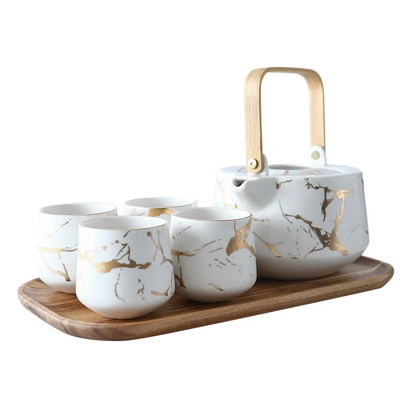 Wholesale Japanese style marbling porcelain tea set ceramic 4Pcs cups and teapot with wooden tray juego de te tea cup and saucer