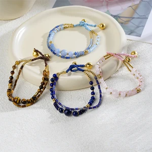 High Quality Natural Gemstone Ball Bracelet Cute Fashion Beaded Woven Bracelet with Amethyst Rose Quartz Turquoise for Buddhism