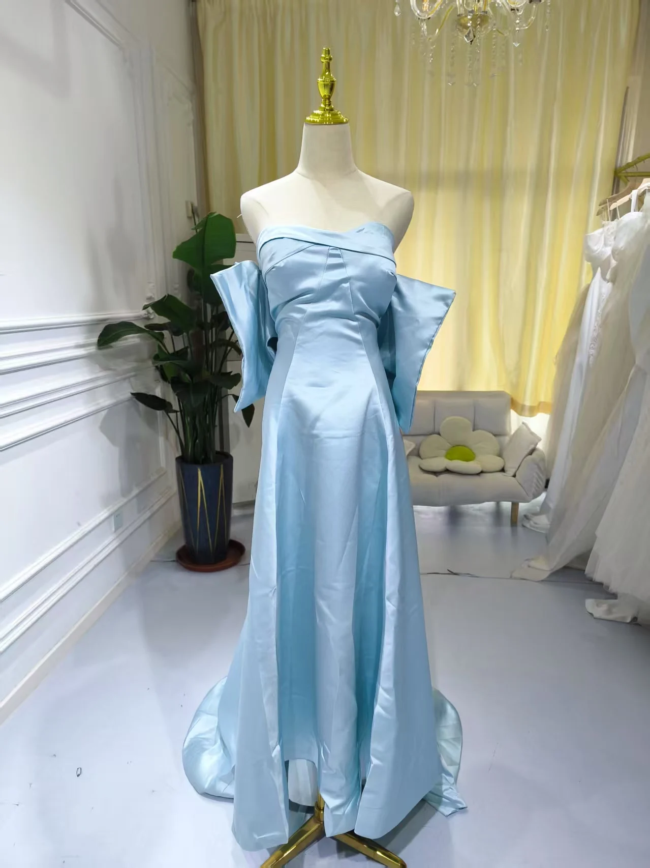 S0567N Sky Blue Fantasy Satin Princess Tube Top Wedding Dress