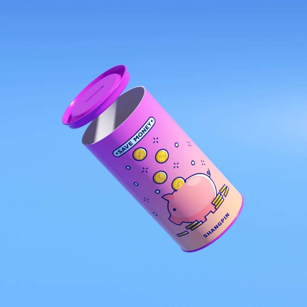 Promotional Cartoon Pattern Round Gift Paper Tube Double Side Open Coin Bank Piggy Bank Can Packaging Tube With Slot Metal Lid