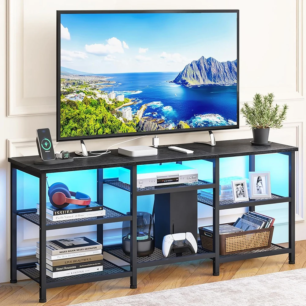 Wooden Modern TV Stand 55 Inch TVs Entertainment Center Movable Shelf Panels Power Outlet LED Lights Open Storage Shelves Media