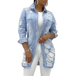 Women's Safari Jean Jacket Long Sleeve Classic Distressed Fray Hem Denim Blue Washed Waterproof Eco-Friendly Reversible