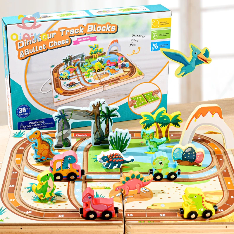 Tragbares, unterhaltsames Desktop-Spurbausatz-Spielzeug für Kinder, Dinosaurier-Verkehrsszenario, pädagogisches Holzeisenbahn-Set, Reisespielzeug für Kleinkinder