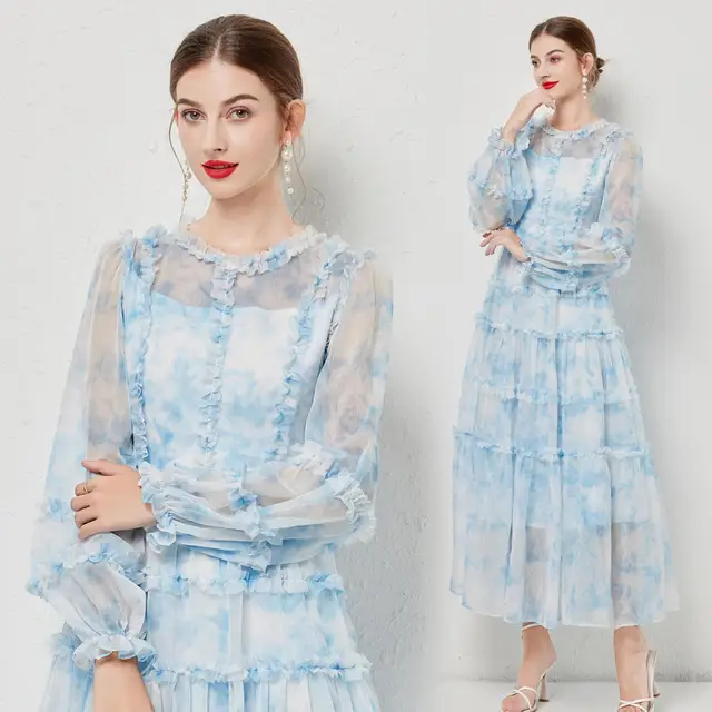 Chiffon Long Sleeve Ruffle Printing Lining Dress Casual Summer Dresses Lady Elegant Floral Print Women's Casual Dress