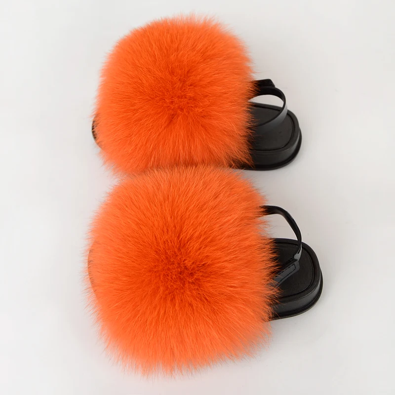 Factory Wholesale Pvc Slides Ladies Fox Fur Slippers kids Soft Real Fox Fur Slides