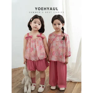 YOEHYAUL Summer Floral Suit Pattern Shorts Summer Baby Girls Sets High Quality Wholesale Pure Cotton Kids Girls Pink Floral Set