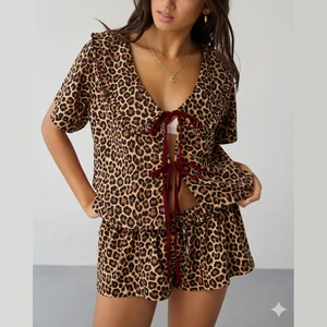 Summer Short Sleeve Sailor Collar V Neck Bow Tie Front Cardigan Shirt Top Shorts Two Piece Leopard Print Loose Pajama Set Women