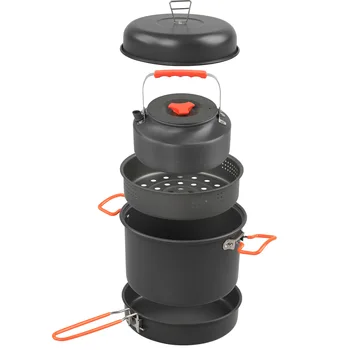 1-2L Outdoor Aluminum Alloy Cookware Mess Kit  Pot Pan Steaming Tray and Water Kettle with Pot Cover  for Camping Hiking Picnic