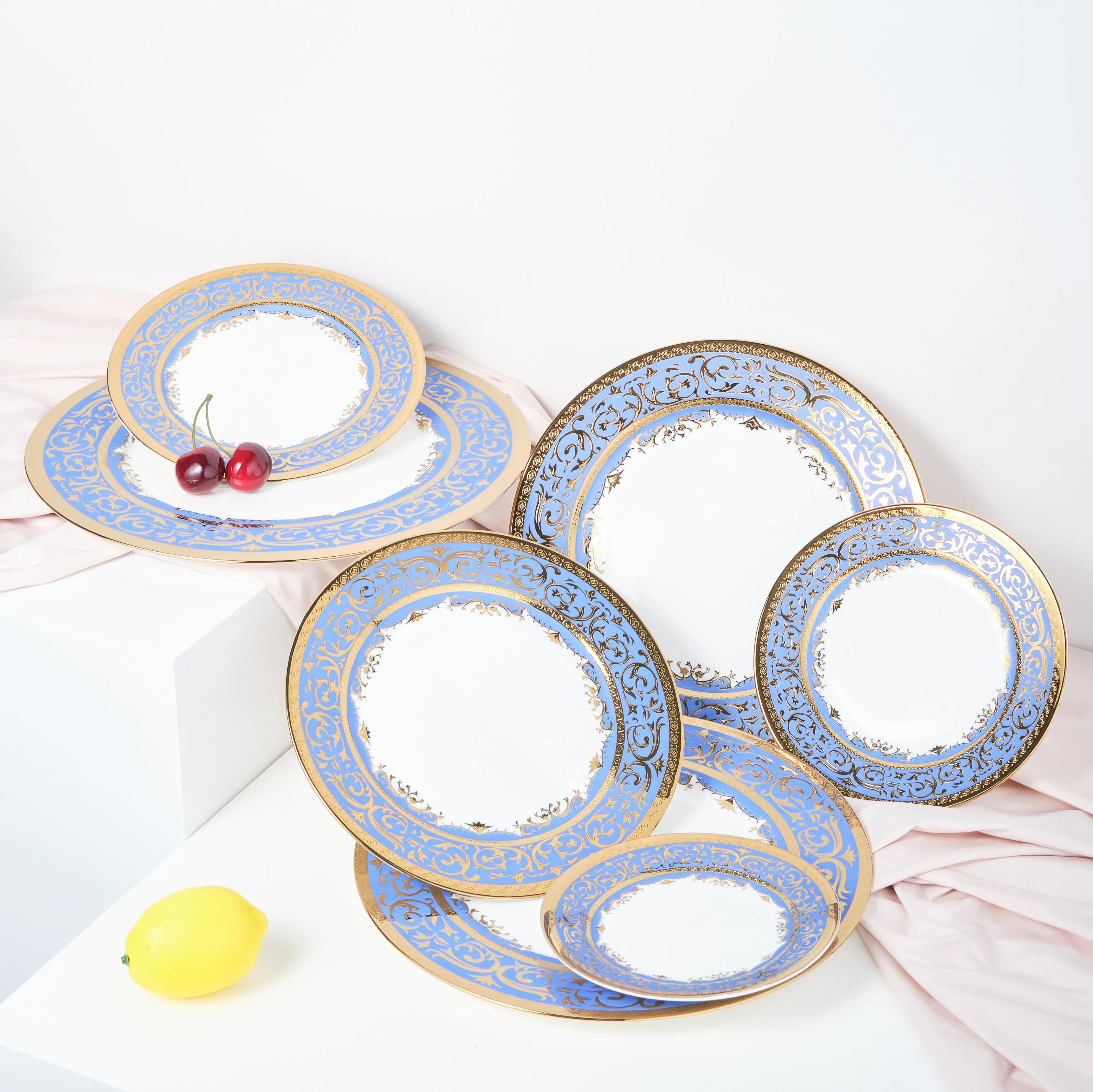 Luxury Dubai Dinnerware Porcelain Wedding Gold Blue Decal Ceramic Bone