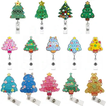 Cute Glitter Acrylic Christmas Tree Badge Reel for School Office Decoration Supplies