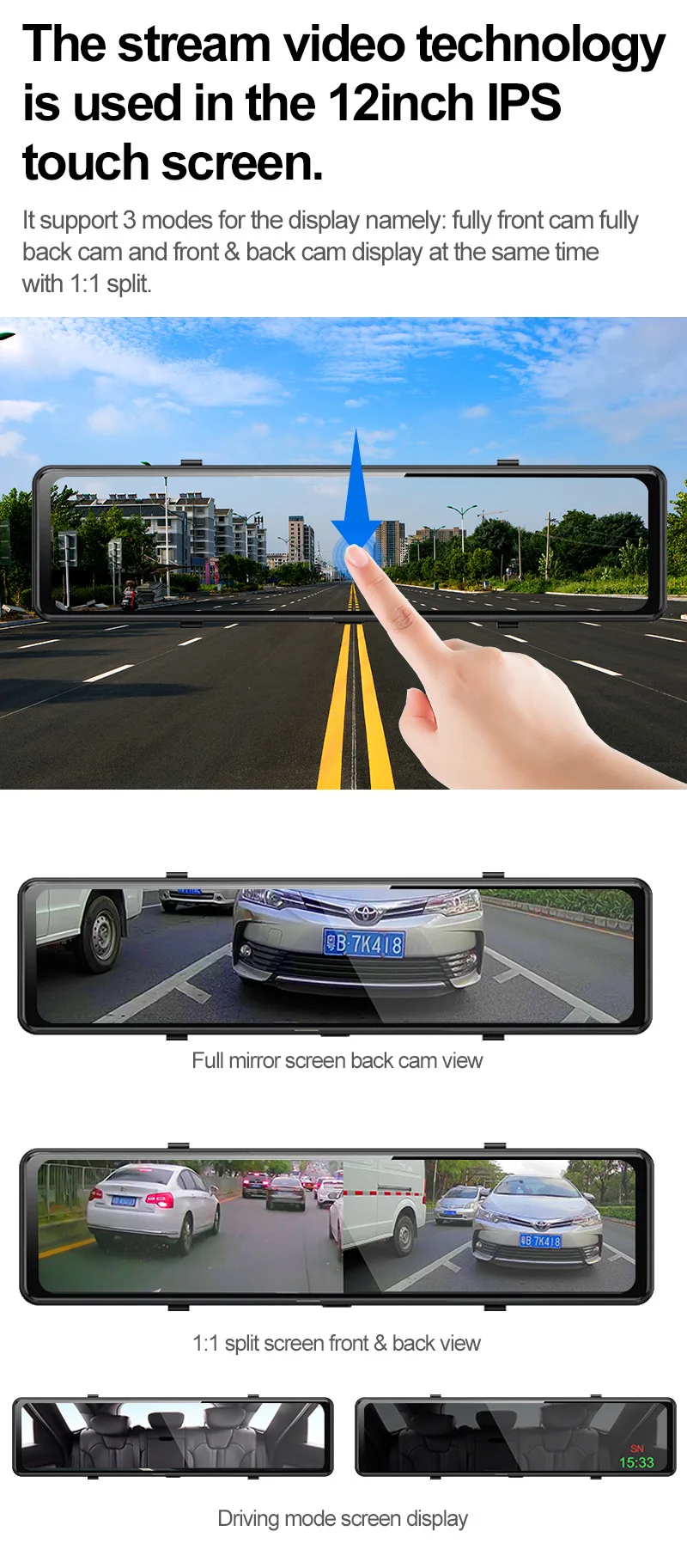 12Inch Touch Screen Car Dash Camera 4K HD Video Recording App Wifi Control Night Vision Dual Dash Cam