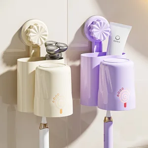 Cream Style Plastic Toothbrush Holder Wall-Mounted Mouthwash Cup Rack Bathroom Storage Set