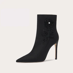 Luxury Black Ankle Boots Stiletto Fabric Shoe Upper Floral Pearl Decoration for Evening Party Commercial Women Footwear Use