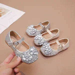 2026 Girls' Silver Breathable Soft Sole Dress Shoes Bow Rhinestones Design Princess Shoes for Children