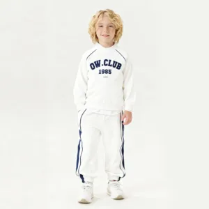 Full Custom  PVC Patches logo Crewneck Sweatshirt Cuffed Ankles Striped Joggers Pants Fleece Children Matching Clothing Sets