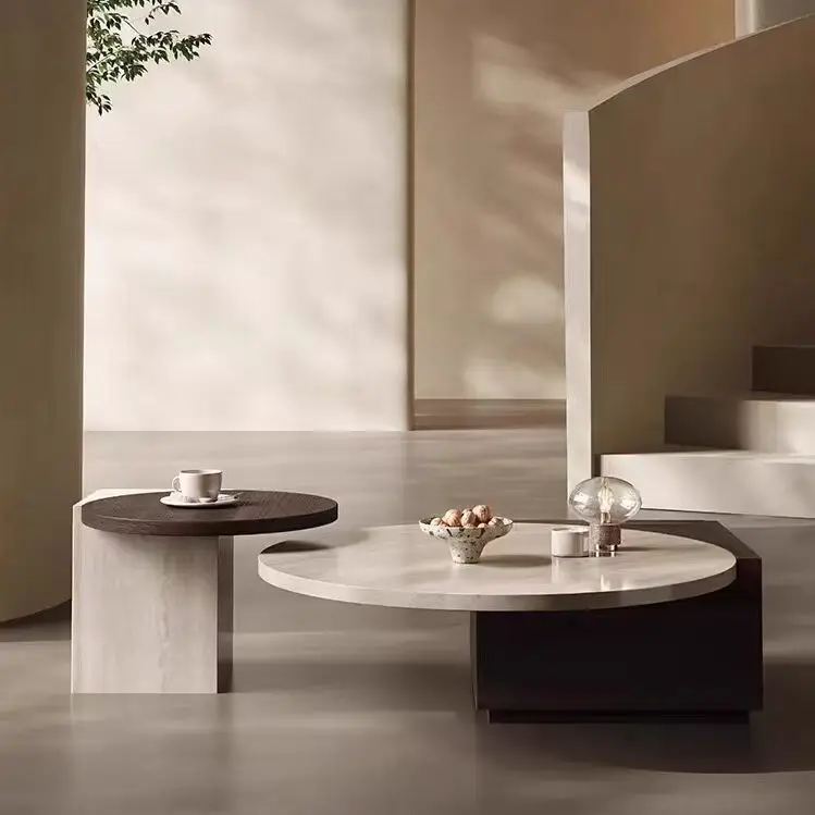 Modern Coffee Table Round Marble Stone Wooden with Storage Home Furniture Living Room Travertine Coffee Table Set
