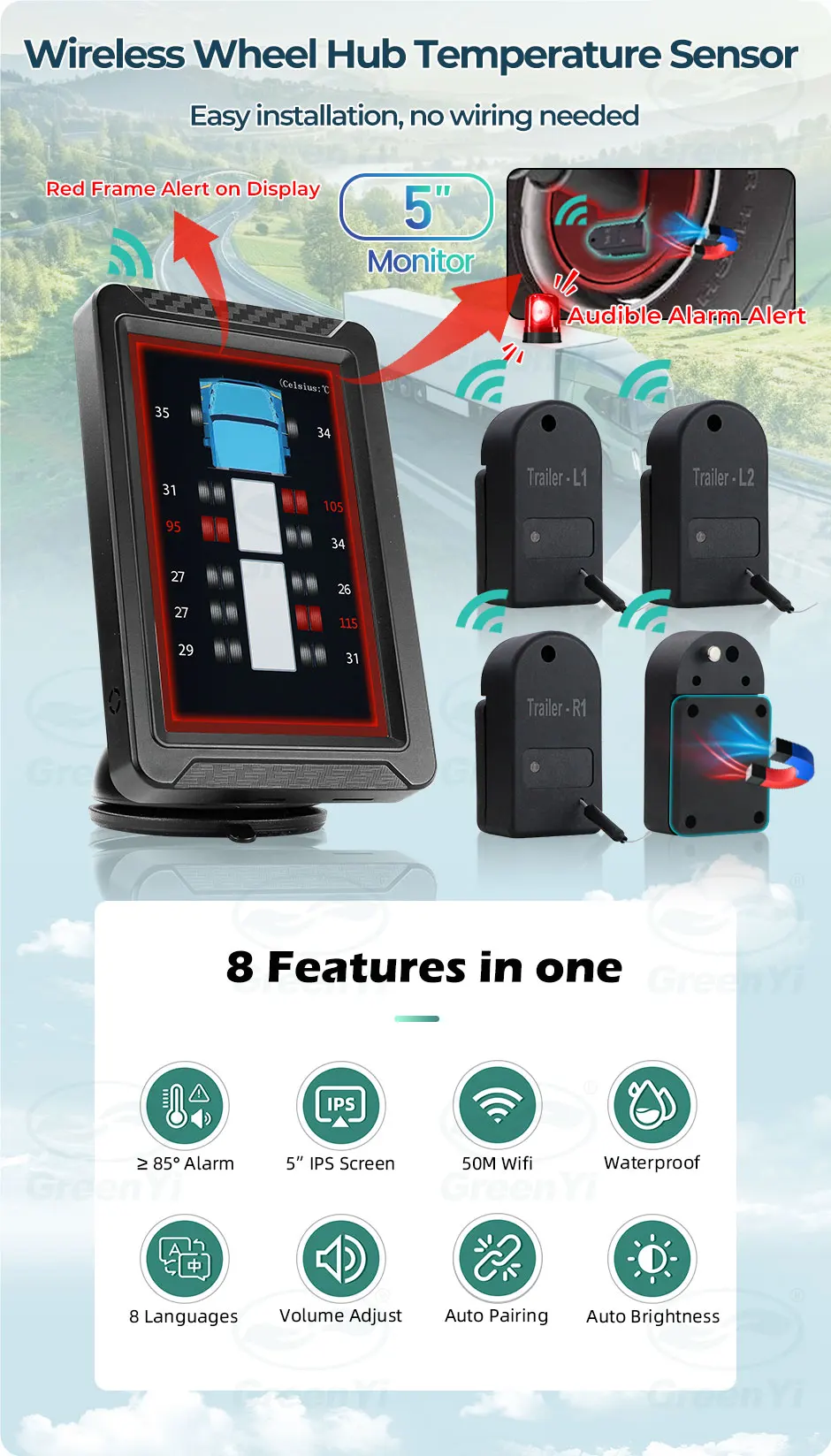 Wheel Monitor Universal Truck Wheel Hub Temperature Monitor - Real-Time Wireless ...