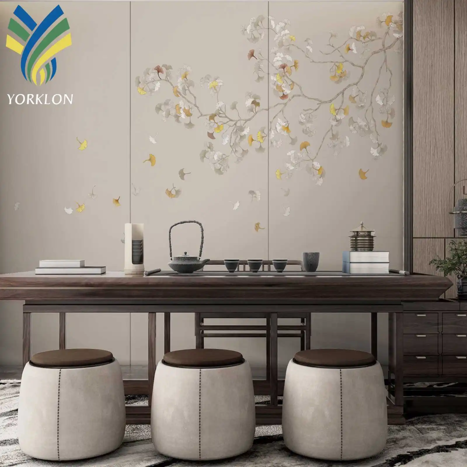Custom Waterproof Mural Wall Paper Lotus Flower Leaf Trees Embroidery Wallpaper with Birds for Living Room Chinoiserie Style