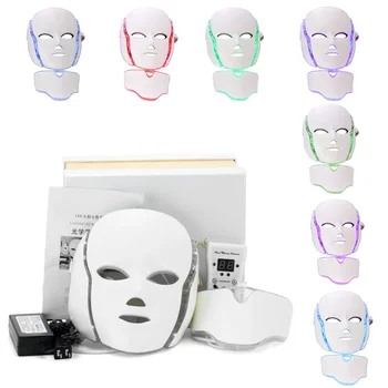 Skin Care Rechargeable LED Therapy Light Mask with Neck 7 Color Photon for Wrinkle & Acne Removal Electric Source for Home Use