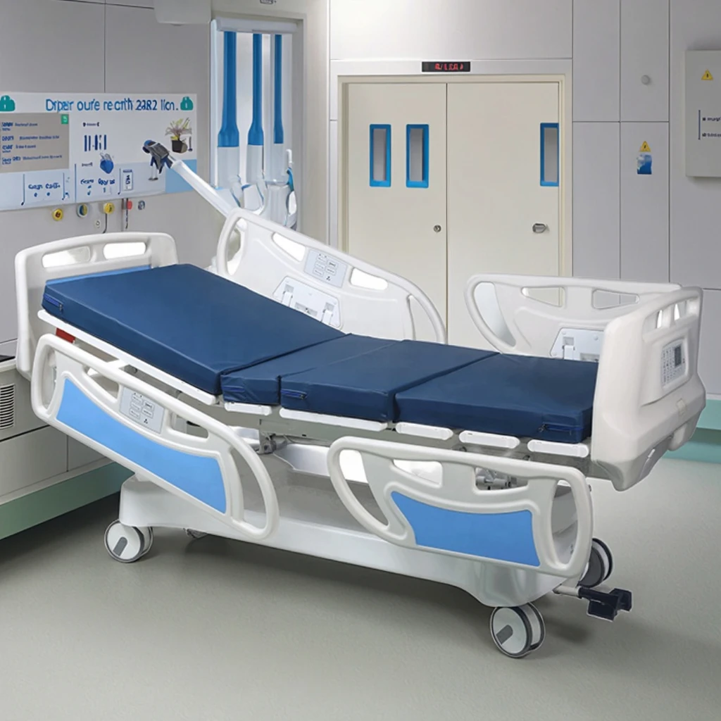 Adjustable Modern Foldable Metal Hospital Medical Bed with 4 Motors Infusion & PP Guardrails for ICU Gym School & Hotel Use 3