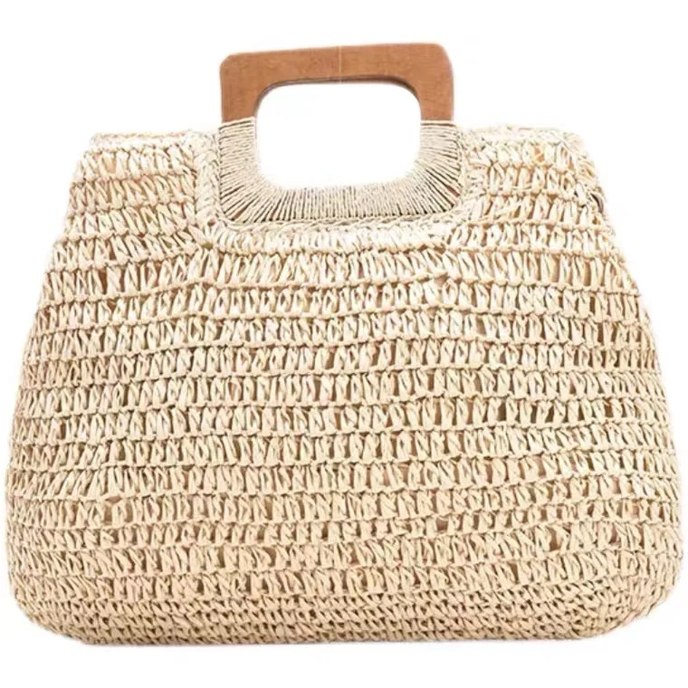 Hot Sale Natural Popular Crochet Handmade Paper Straw Beach Handbag Lady Fashion Bag With Wood Handle