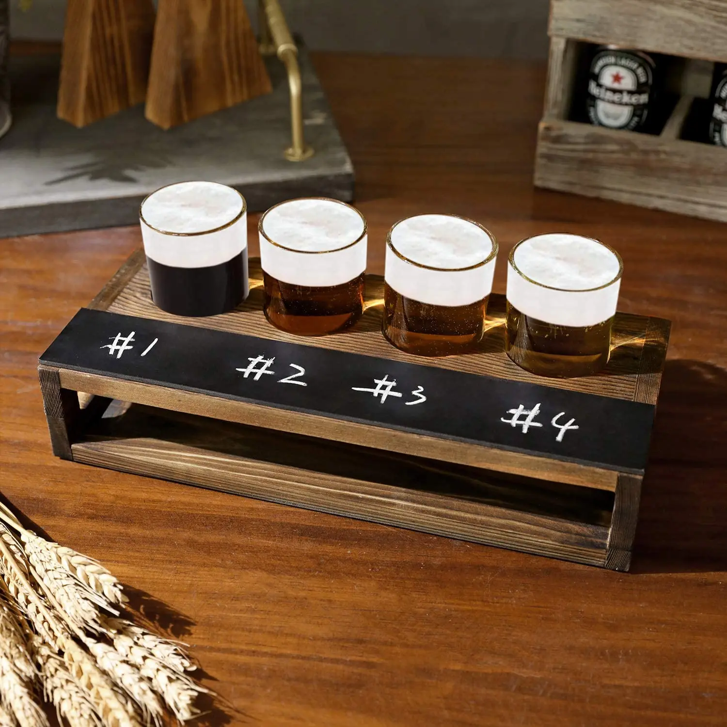 JUNJI 4 Shot Glass Server Tray Rustic Dark Brown Burnt Solid Wood Beer Flight Holder Tasting Sampler Tray Board