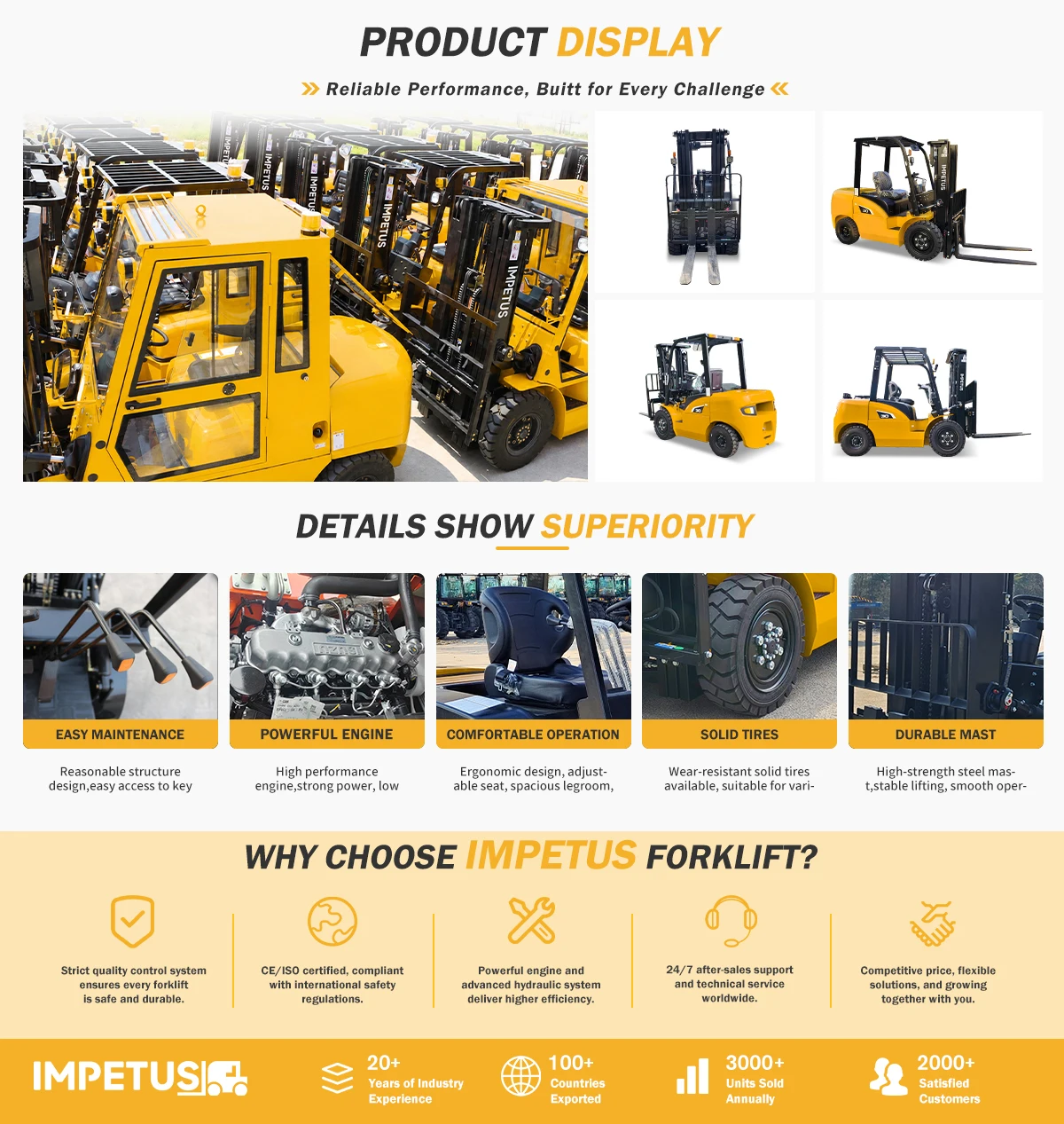 IMPETUS China New Forklift 4 Ton 6 Ton 7ton 5 Ton Diesel ForkLift with Front Double Wheel 3m-6m Lift Height