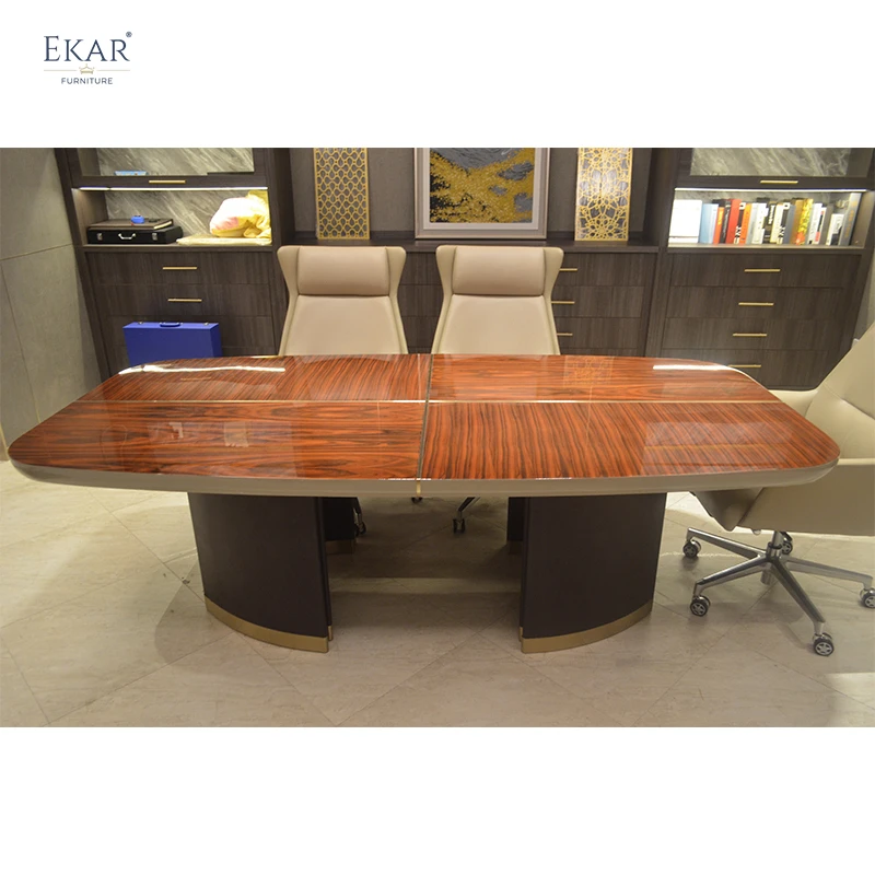 Elegant Veneer Stitched High-Gloss Finish Office Conference Table with Faux Leather Legs and Stainless Steel Accents manufacture