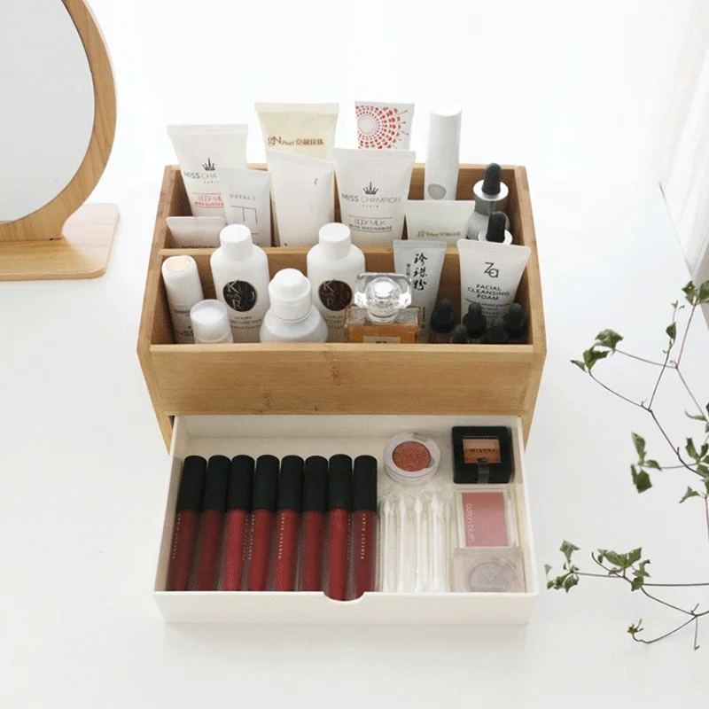 Large capacity Eco-friendly multi-function bamboo desktop makeup organizer office storage box with drawers