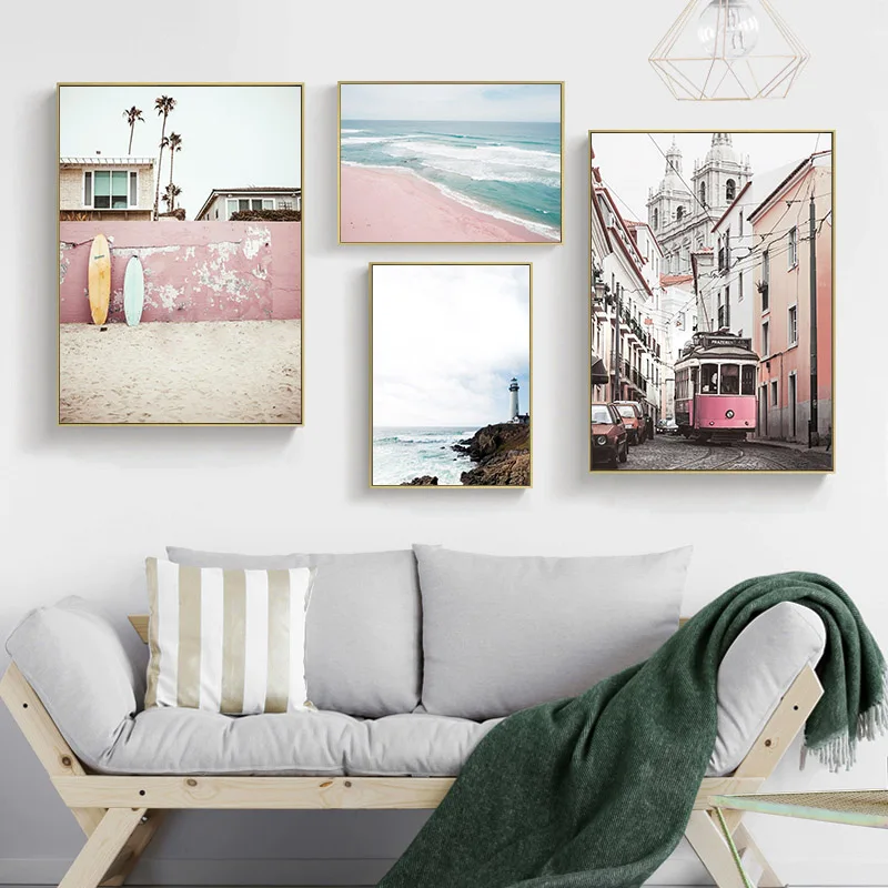 Pink Beach Canvas Poster Landscape Wall Art Print Picture Nordic Home Decoration 