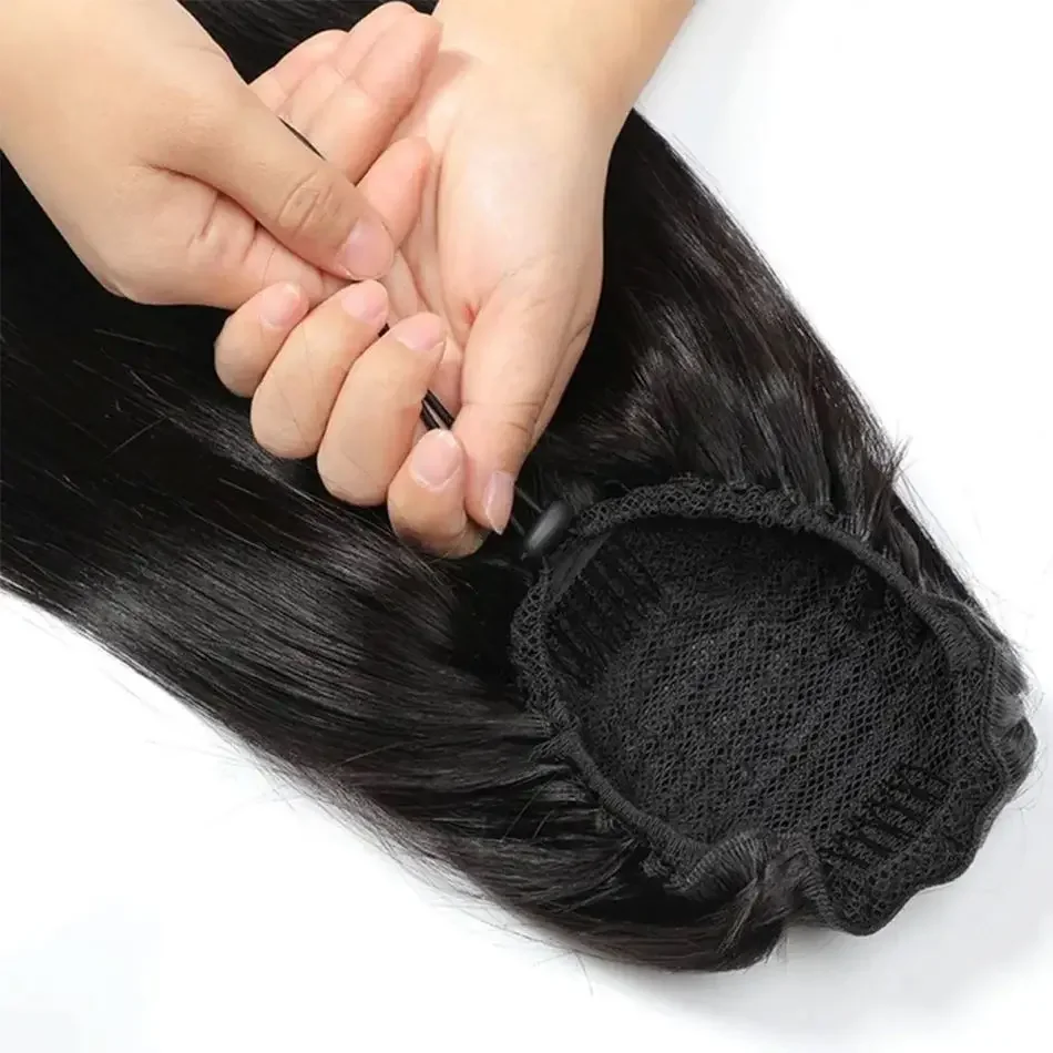Drawstring Ponytail Straight Remy Human Hair Brazilian Hair Ponytail With Clips 1 Piece Natural Black 16-26 Inch Women Hairpiece_voghion.com