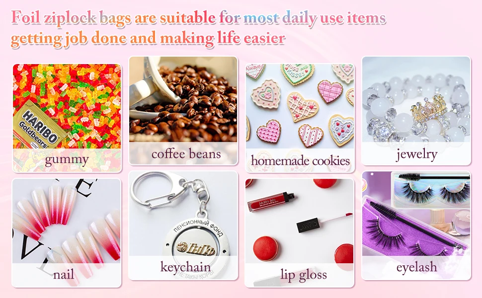 Resealable Ziplock Small Business Sealable Plastic Bag Custom Print White Black Pink Holographic Mylar Packaging