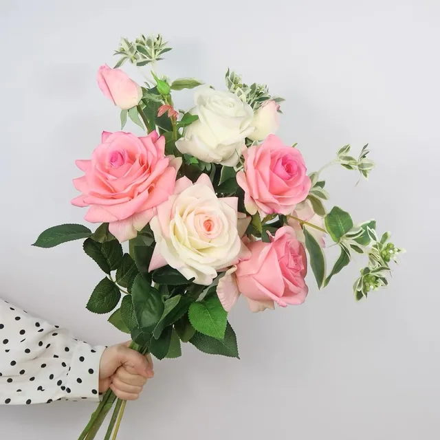 High Quality Hand Feel Real Touch 3 Heads Wholesale Price Artificial Flowers White Red Rose Hot Powder Simulated Flowers Wedding