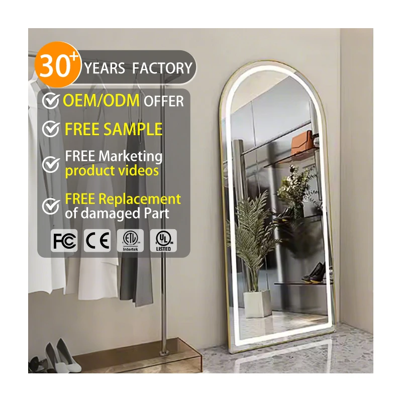 Customized Led Full-length Floor Standing Mirror Aluminum Frame Arched Illuminate Dressing Mirror