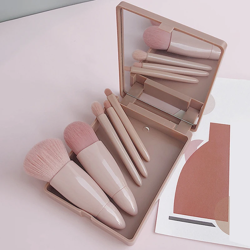 Set De 5 Pinceaux De Maquillage + Trousse Rose Miroir - Pour Poudre, Fond De Teint - Fibre Synthétique - Neuf