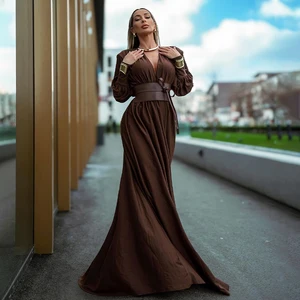 ZYHT 70066 Factory Wholesale Lady Women Clothes Long Sleeve V Neck Sexy Big Belt A-Line Maxi Floor Length Casual Dress
