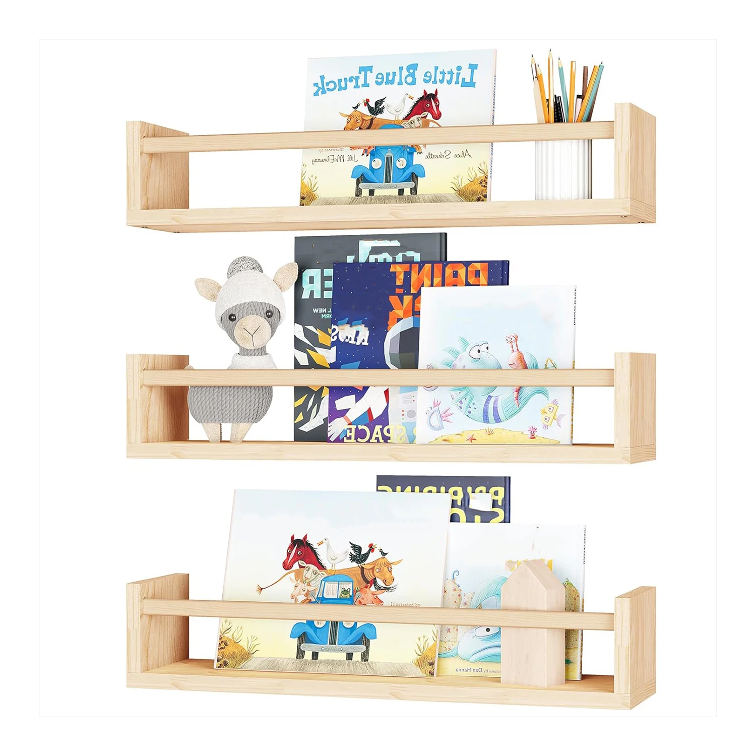 Set of 3 Nursery Shelves Floating Bookshelves Wood Wall Mounted Shelves Nursery Decor Solid for Wall Baby Carton Iron Customize