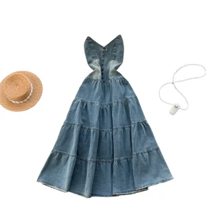 Customize Bow Collar Tunic Slim for Casual Maxi Dress for Women Sleeveless Hollow Out Backless Denim Natural Eco-Friendly Black