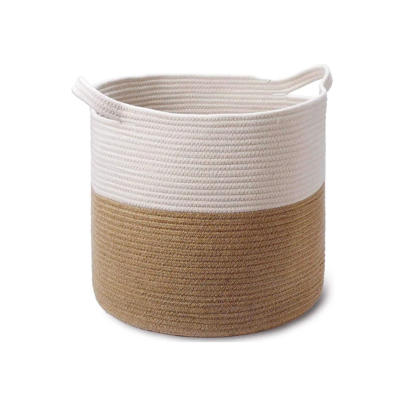 ラージジュートコットンロープバスケット装飾織り収納バスケット Buy 装飾のための織布収納バスケットランドリー洗濯物用かご ソファスロー枕おもちゃ服タオル靴大鉢植え コーヒーと白の綿ロープバスケット 織りベビーランドリーバスケット毛布スローブランケットと服