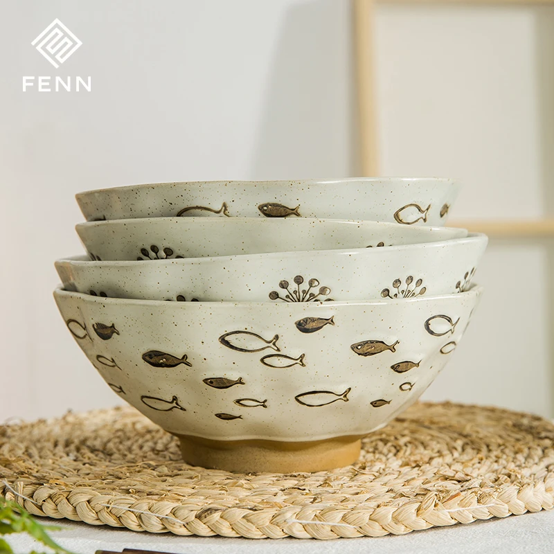 Rustic Style Engraving Fish Flower Pattern 8/9 Inch Ceramic Soup Noodle Ramen Bowl For Restaurant Household